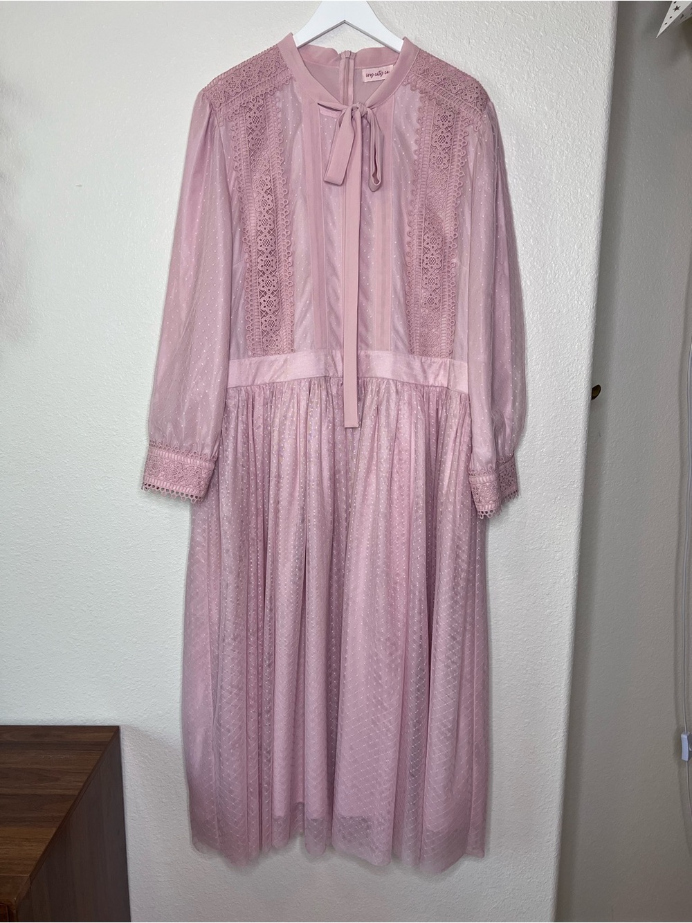 Ivy City Co Soft Pink Lace Midi Dress with Neck Tie Plus Size 2X